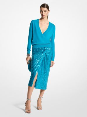 CSR7380024 - Hand-Embroidered Sequin Stretch Jersey Pareo Skirt TURQUOISE