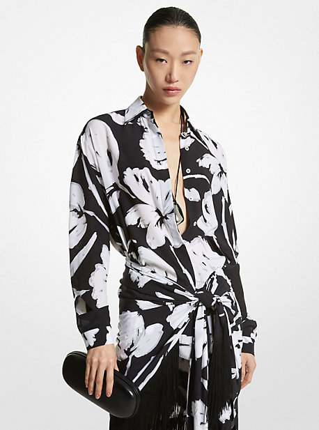 CWA7250216 - Brushstroke Floral Silk Crepe De Chine Boyfriend Shirt WHITE/BLACK