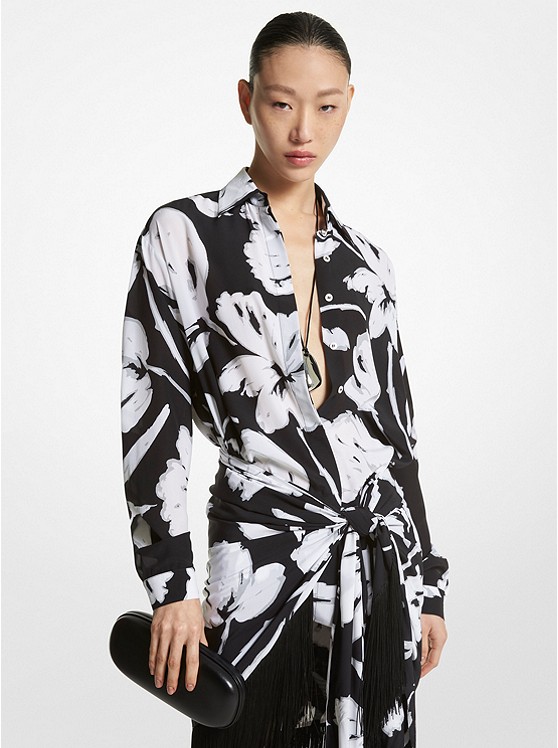 MK CWA7250216 Brushstroke Floral Silk Crepe De Chine Boyfriend Shirt WHITE/BLACK