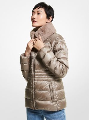 M824837B - Faux Fur Collar Quilted Nylon Packable Puffer Jacket TAUPE