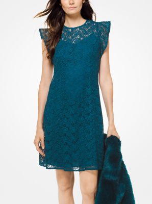 MF88X059PG - Floral Lace Flounce-Sleeve Dress LUXE TEAL