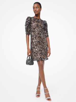 MH0802UF6T - Sequined Mesh Puff-Sleeve Dress BLACK/SILVER