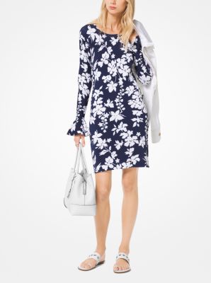 MH78XWG89F - Floral Stretch-Viscose Bell-Cuff Dress NAVY/WHITE