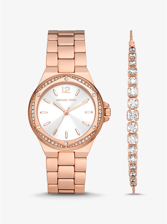 MK MK1053SET Lennox Pavé Rose Gold-Tone Watch and Bracelet Gift Set ROSE GOLD