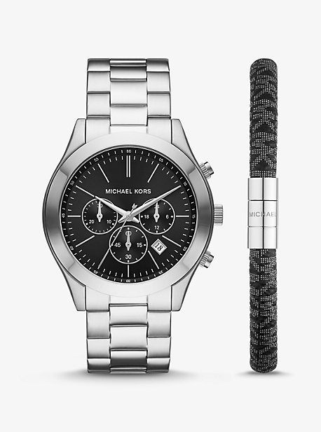 MK1056SET - Oversized Slim Runway Silver-Tone Watch And Logo Bracelet Set SILVER