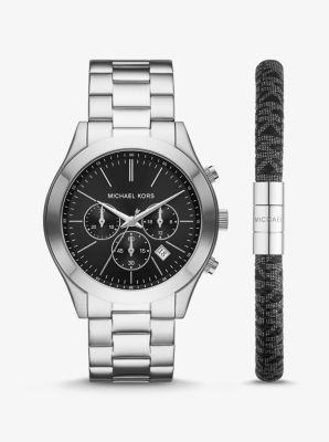 MK1056SET - Oversized Slim Runway Silver-Tone Watch And Logo Bracelet Set SILVER