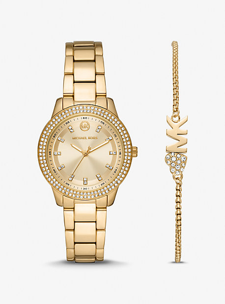 MK1057SET - Mini Tibby Gold-Tone Pavé Watch and Bracelet Gift Set GOLD