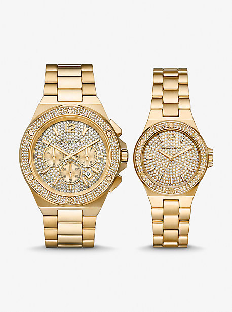 MK1061SET - Lennox His and Hers Pavé Gold-Tone Watch Set GOLD