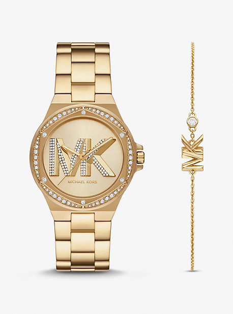 MK1062SET - Lennox Pavé Logo Gold-Tone Watch and Bracelet Set GOLD