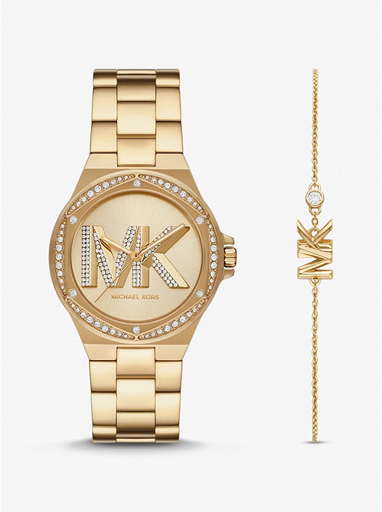 MK MK1062SET Lennox Pavé Logo Gold-Tone Watch and Bracelet Set GOLD