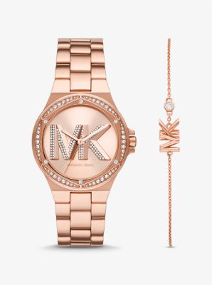 MK1063SET - Lennox Pavé Logo Rose Gold-Tone Watch and Bracelet Set ROSE GOLD