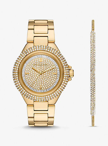MK1067SET - Oversized Camille Pavé Gold-Tone Watch and Slider Bracelet Gift Set GOLD