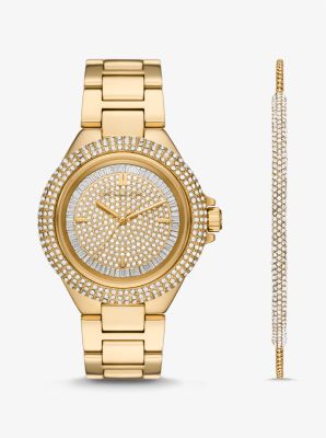 MK1067SET - Oversized Camille Pavé Gold-Tone Watch and Slider Bracelet Gift Set GOLD