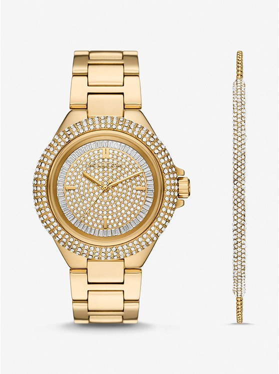 MK MK1067SET Oversized Camille Pavé Gold-Tone Watch and Slider Bracelet Gift Set GOLD