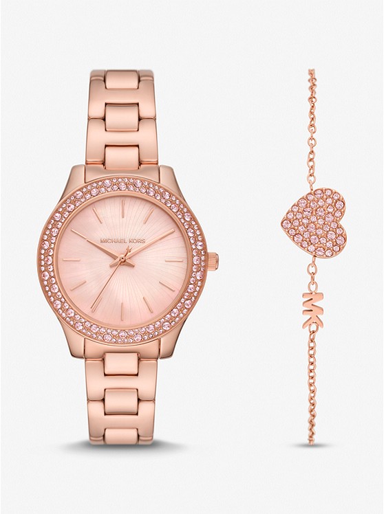 MK MK1068SET Liliane Pavé Rose Gold-Tone Watch and Bracelet Gift Set ROSE GOLD
