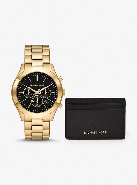 MK1076SET - Oversized Slim Runway Watch and Card Case Gift Set BLACK/GOLD