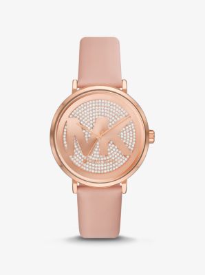 MK2957 - Oversized Addyson Pavé Rose Gold-Tone and Leather Logo Watch PINK