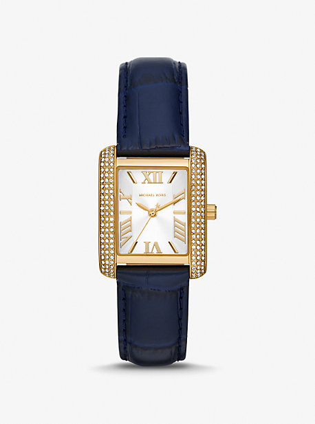 MK2982 - Mini Emery Pavé Gold-Tone and Crocodile Embossed Leather Watch NAVY