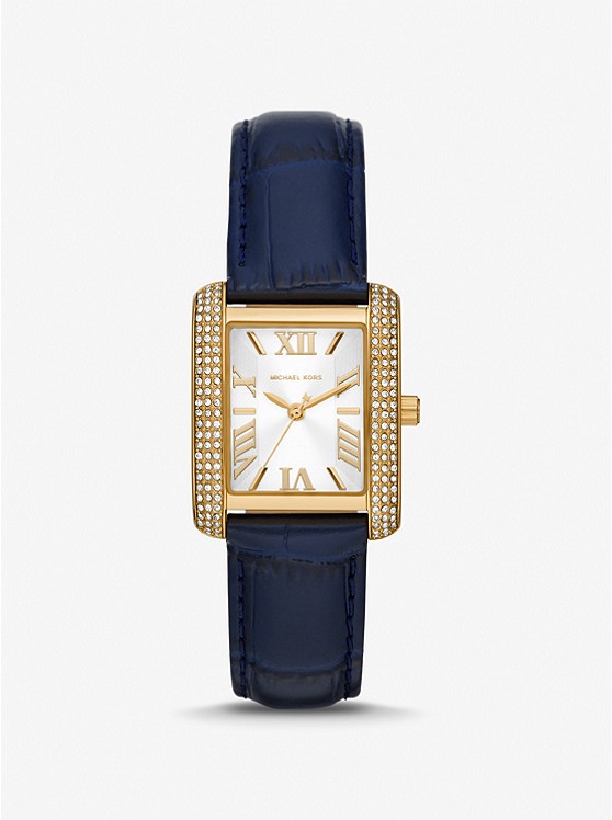 MK MK2982 Mini Emery Pavé Gold-Tone and Crocodile Embossed Leather Watch NAVY