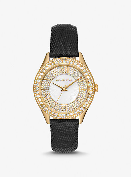 MK2988 - Harlowe Pavé Gold-Tone and Lizard Embossed Leather Strap BLACK