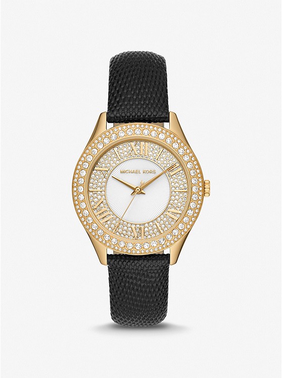 MK MK2988 Harlowe Pavé Gold-Tone and Lizard Embossed Leather Strap BLACK