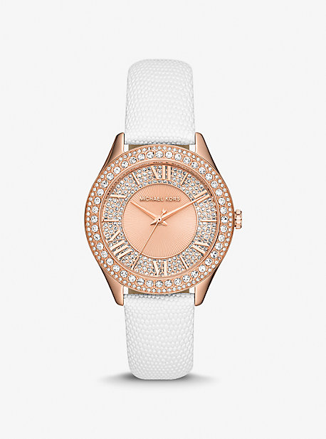 MK2989 - Harlowe Pavé Rose Gold-Tone and Lizard Embossed Leather Strap WHITE