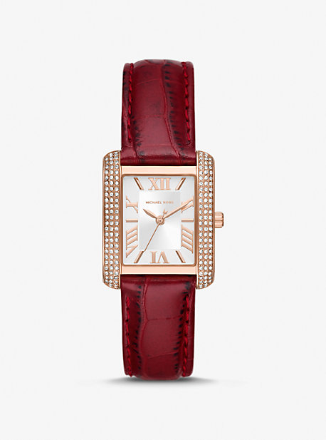 MK4689 - Mini Emery Pavé Rose Gold-Tone and Crocodile Embossed Leather Watch RED