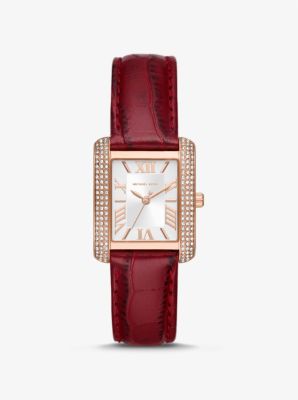 MK4689 - Mini Emery Pavé Rose Gold-Tone and Crocodile Embossed Leather Watch RED