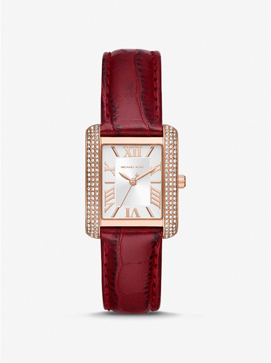 MK MK4689 Mini Emery Pavé Rose Gold-Tone and Crocodile Embossed Leather Watch RED