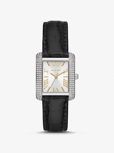MK4696 - Mini Emery Pavé Silver-Tone and Crocodile Embossed Leather Watch BLACK