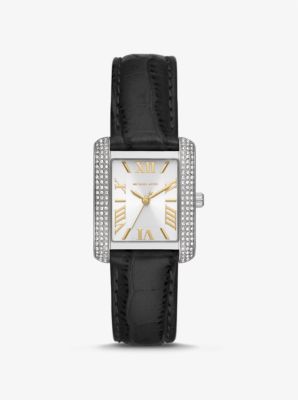 MK4696 - Mini Emery Pavé Silver-Tone and Crocodile Embossed Leather Watch BLACK