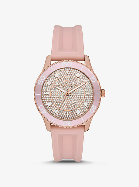 MK6854 - Oversized Runway Dive Pavé Rose Gold-Tone and Silicone Watch PINK