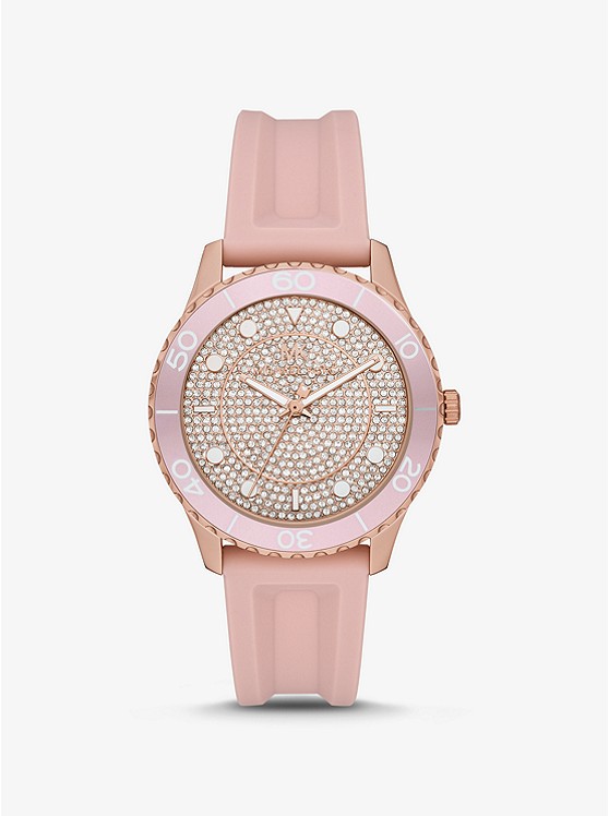 MK MK6854 Oversized Runway Dive Pavé Rose Gold-Tone and Silicone Watch PINK