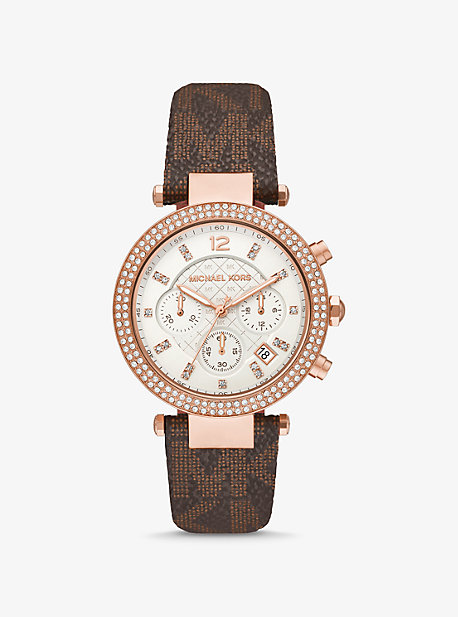 MK6917 - Oversized Parker Pavé Rose Gold-Tone and Logo Watch BROWN