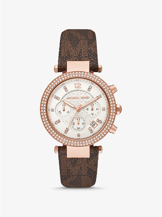 MK MK6917 Oversized Parker Pavé Rose Gold-Tone and Logo Watch BROWN