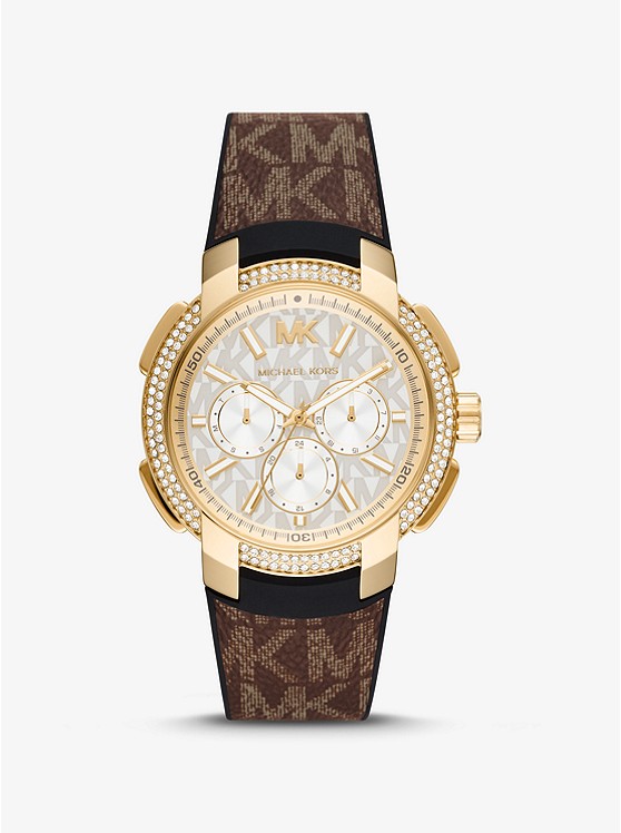 MK MK6948 Oversized Pavé Gold-Tone and Logo Sport Watch BROWN