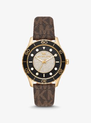MK6979 - Oversized Runway Dive Pavé Gold-Tone and Logo Watch BROWN