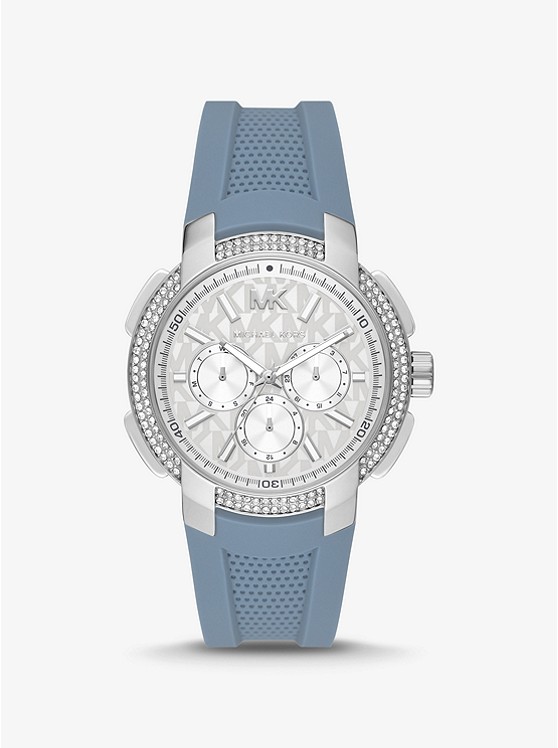 MK MK7220 Oversized Sydney Pavé Silver-Tone and Silicone Watch CHAMBRAY