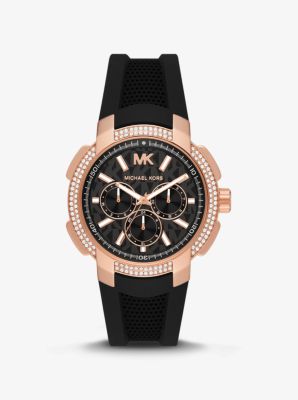 MK7245 - Oversized Sydney Pavé Rose Gold-Tone and Silicone Watch BLACK