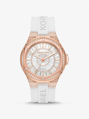 MK7248 - Oversized Lennox Pavé Rose Gold-Tone and Silicone Watch WHITE