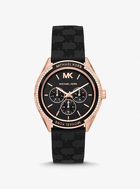 MK7266 - Oversized Jessa Rose Gold-Tone and Logo Embossed Silicone Watch BLACK