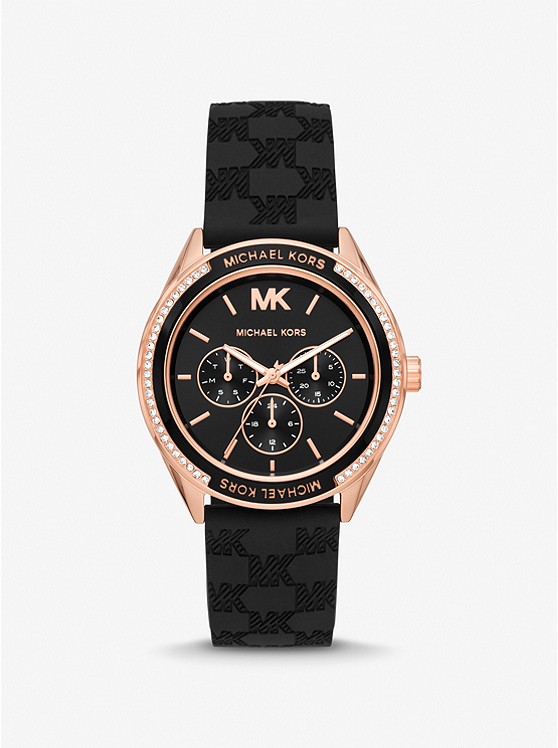 MK MK7266 Oversized Jessa Rose Gold-Tone and Logo Embossed Silicone Watch BLACK