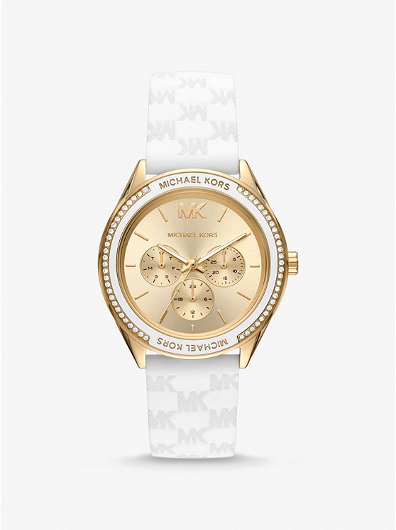 MK MK7267 Oversized Jessa Gold-Tone and Embossed Silicone Watch WHITE