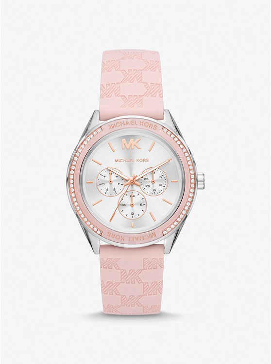 MK MK7268 Oversized Jessa Silver-Tone and Embossed Silicone Watch PINK