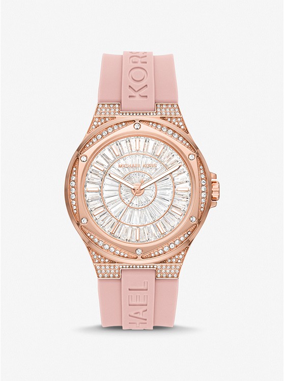 MK MK7334 Oversized Lennox Pavé Rose Gold-Tone and Silicone Watch BLUSH