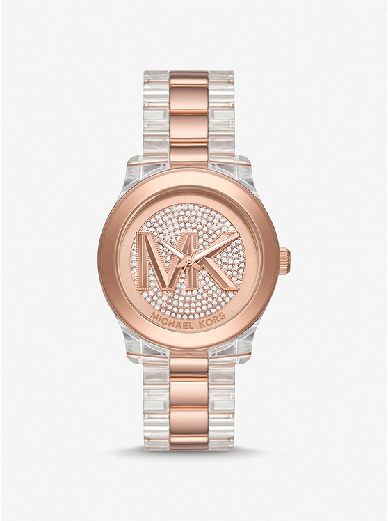 MK MK7355 Runway Pavé Rose Gold-Tone and Acetate Watch CLEAR