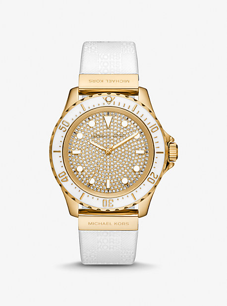 MK7357 - Oversized Slim Everest Pavé Gold-Tone and Embossed Silicone Watch WHITE