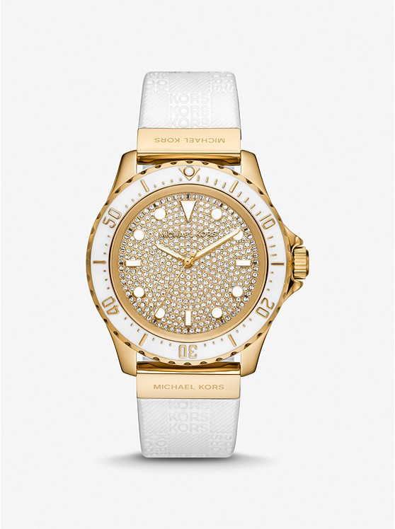 MK MK7357 Oversized Slim Everest Pavé Gold-Tone and Embossed Silicone Watch WHITE