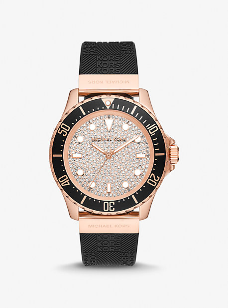 MK7358 - Oversized Slim Everest Pavé Rose-Gold Tone and Embossed Silicone Watch BLACK