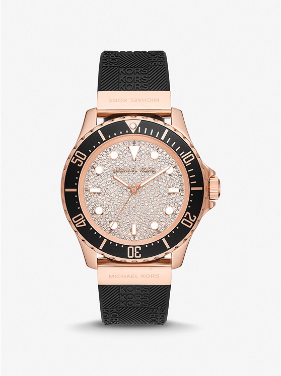 MK MK7358 Oversized Slim Everest Pavé Rose-Gold Tone and Embossed Silicone Watch BLACK
